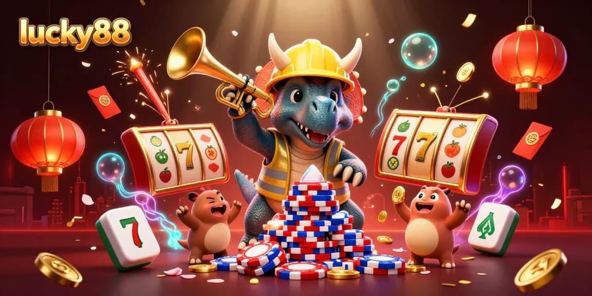 Experience the thrill of lucky88 with vibrant slot symbols, celebrating dinosaurs, and festive details.