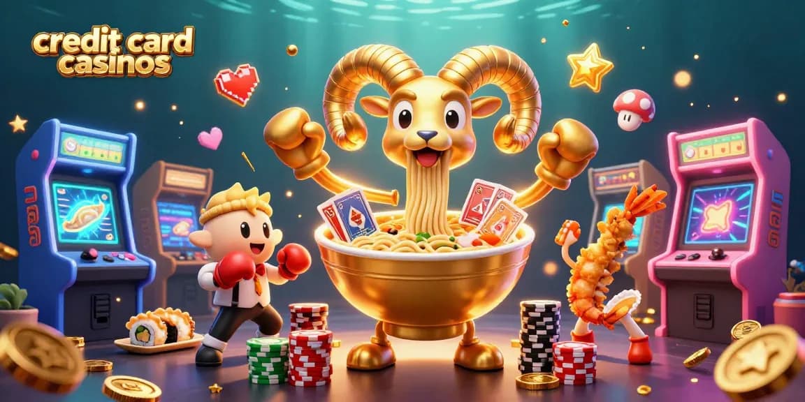 Engage with credit card casinos featuring a vibrant 3D scene of playful characters and gaming elements.