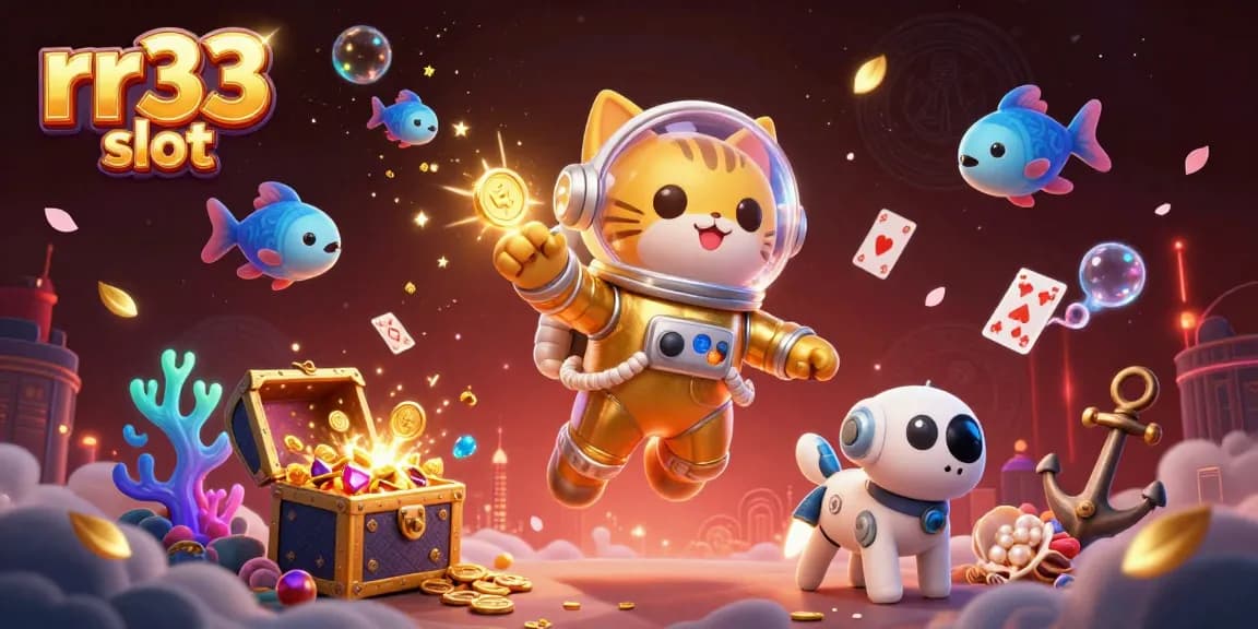 Experience the thrill of rr33 slot with a vibrant 3D illustration featuring playful characters and dynamic game elements.
