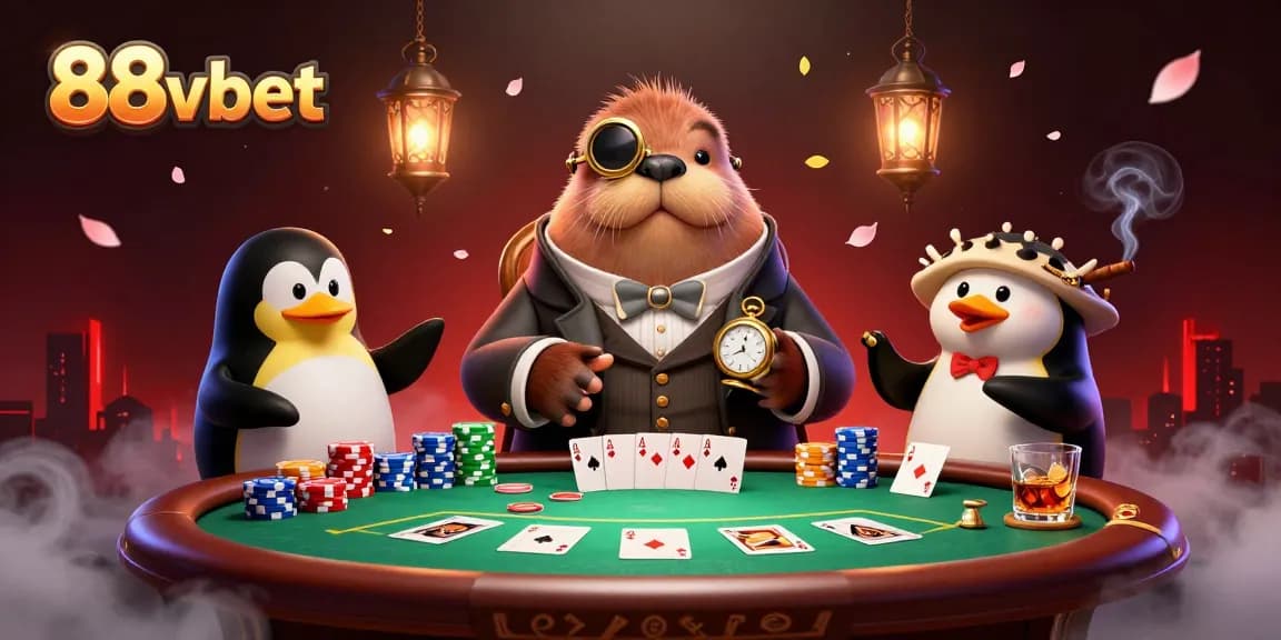 Engage in high-stakes poker with 88vbet's jolly walrus, penguin dealer, and pufferfish, showcasing vibrant casino elements.