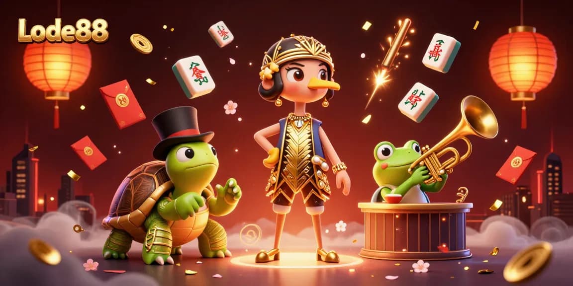 Lode88 engaging scene featuring a flamboyant turtle and fun frog amid a lively casino bar