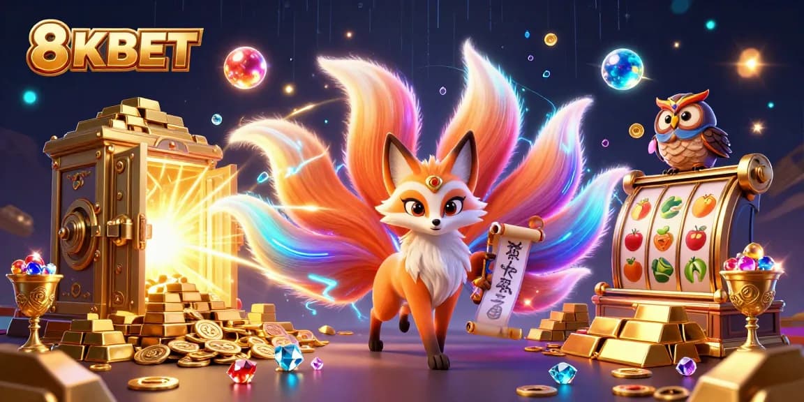 Engage with 8KBET, a colorful scene featuring mystical characters and vibrant casino elements