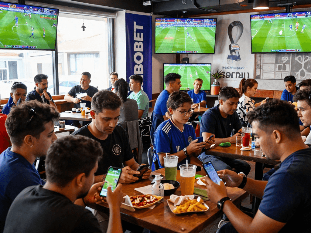 Fans enjoying sbobet betting with live game updates in a lively sports bar.