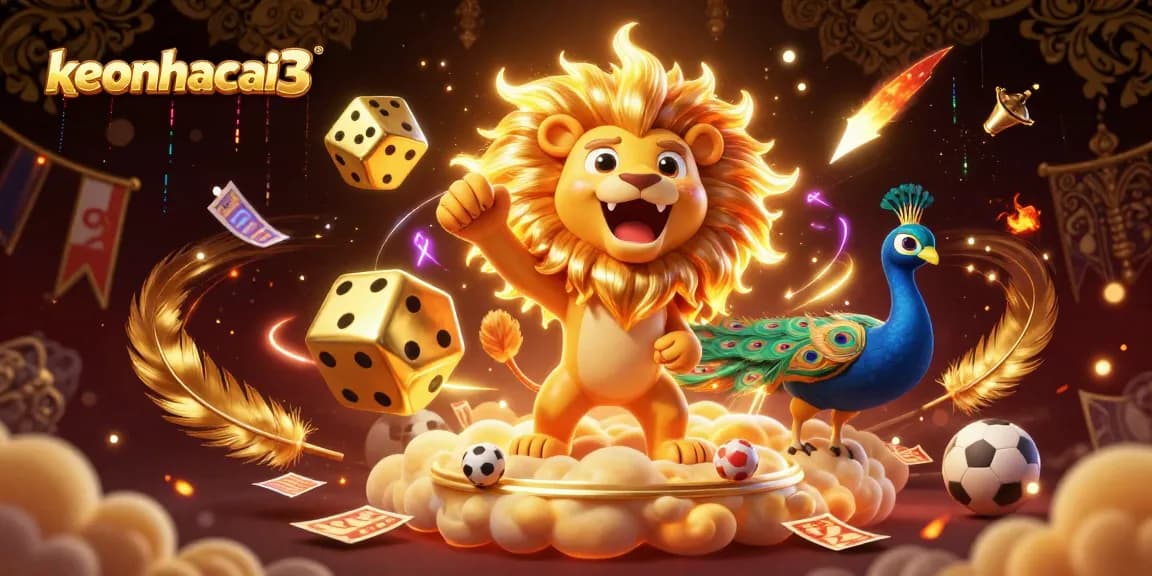 Bet on keonhacai3 with sports betting elements swirling around a victorious cartoon lion.