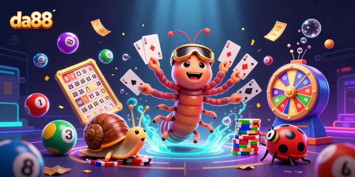 Experience the excitement of casino gaming at da88 with a dynamic illustration showcasing thrilling lottery and gaming elements.