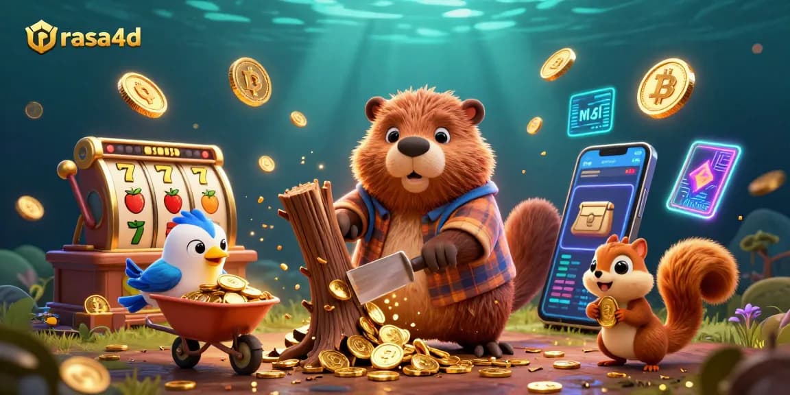 Menaikan jackpot dengan rasa4d, karakter kartun mengumpulkan koin emas dalam suasana kasino yang berkilauan.