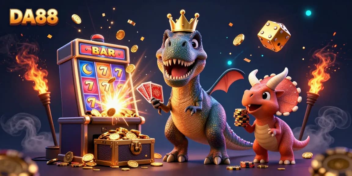 Experience the excitement of DA88 at a vibrant casino-themed illustration featuring animated characters and thrilling game elements.