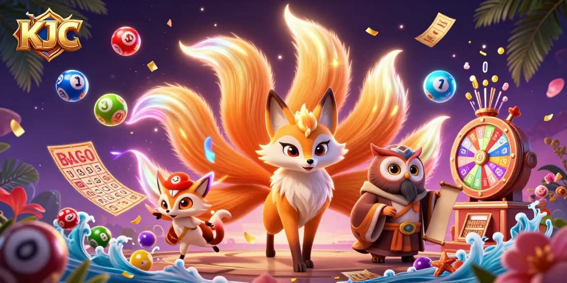 KJC players celebrate a festive lottery scene filled with colorful prizes and vibrant characters.