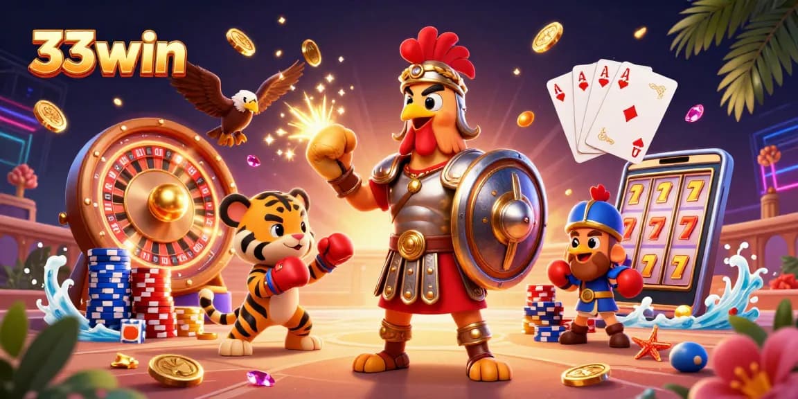 Engage in thrilling gaming experiences with 33win, featuring vibrant characters and casino elements.