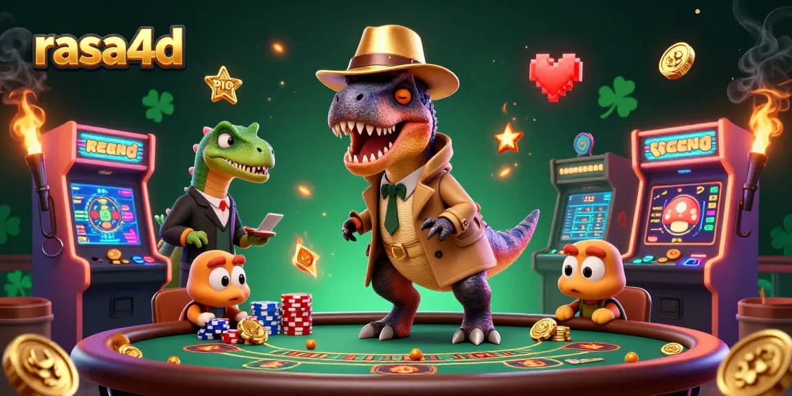 Rasa4D menghadirkan si velociraptor bermain blackjack dengan suasana kasino yang seru dan ramai.