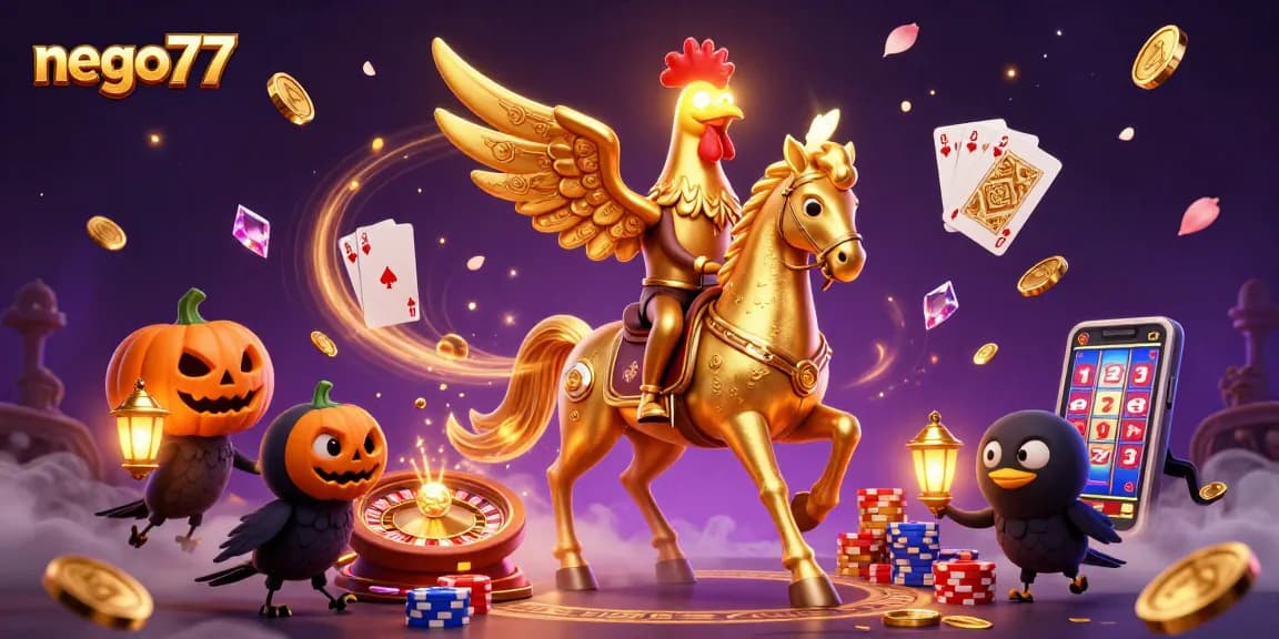 Experience the thrill of nego77 with a dazzling casino scene featuring cartoon characters and gold coins.