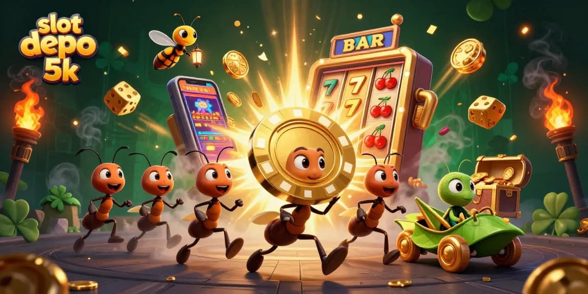 Experience the thrill of slot depo 5k with ants heisting a golden poker chip and jackpot explosions!