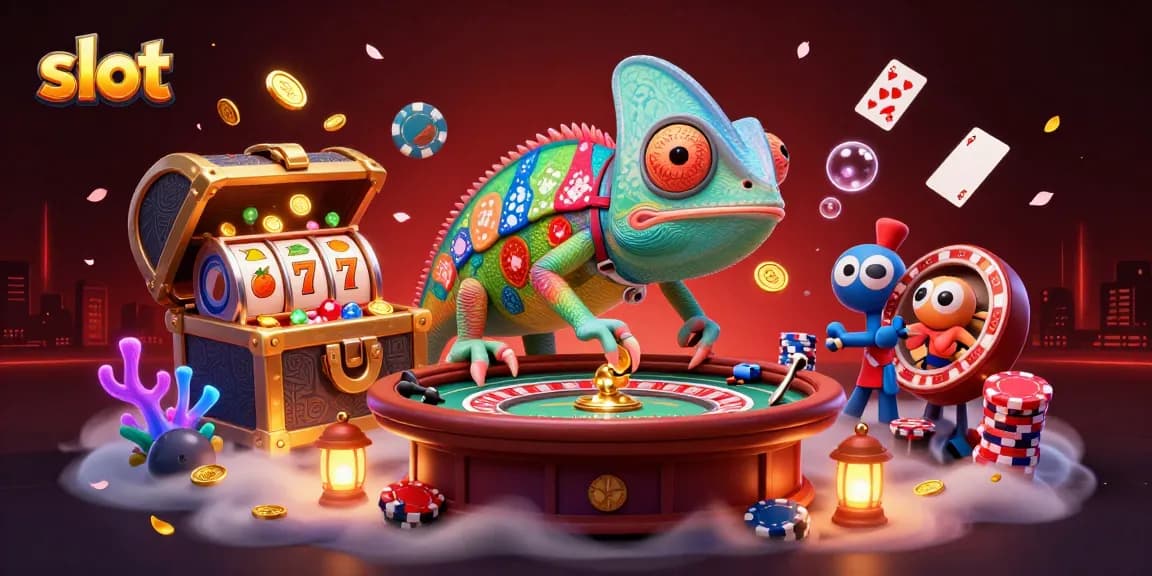 Engage in thrilling slot games with a colorful chameleon casino owner amidst vibrant visual effects.