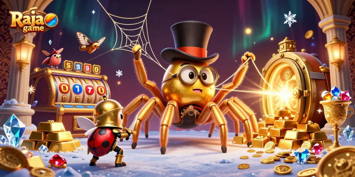 Engage with Raja game through a vibrant 3D scene featuring a golden tarantula and knight, enriched by casino elements.