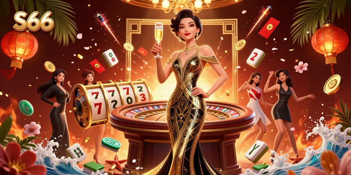 S666 captivates with vibrant 3D casino illustration filled with slot reels and elegant characters