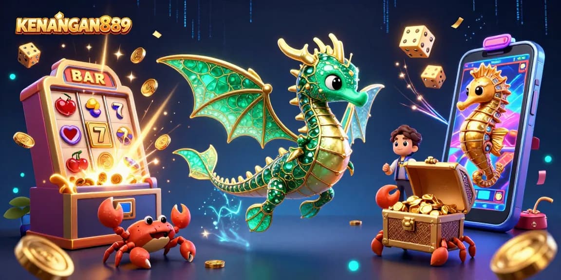 KENANGAN889 offers a thrilling gaming experience with a colorful 3D casino scene featuring vibrant slot machines and sea-themed characters.
