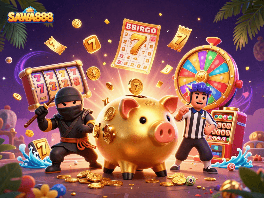 SAWA888 showcases a vibrant and dynamic 3D casino illustration featuring a golden piggy bank sumo wrestler, with slot symbols and colorful game elements.