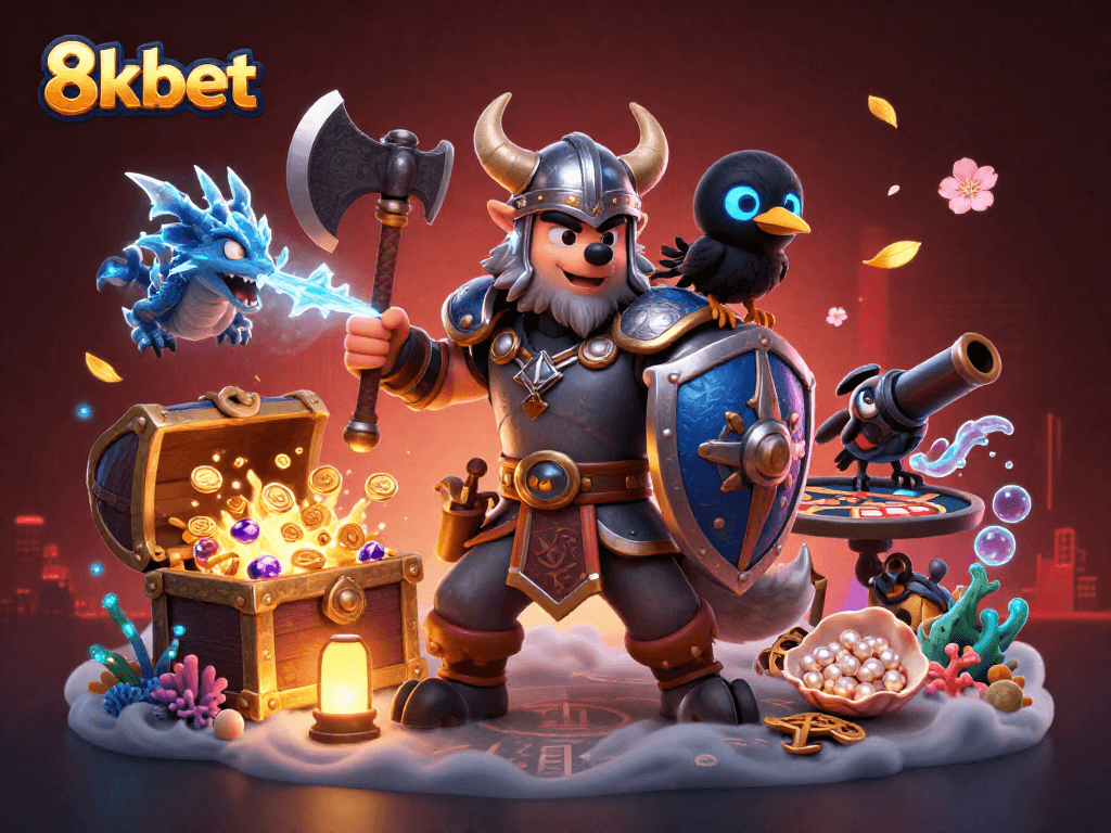 Join the thrilling action with 8kbet's Viking warrior and dragon in a dynamic casino showdown.