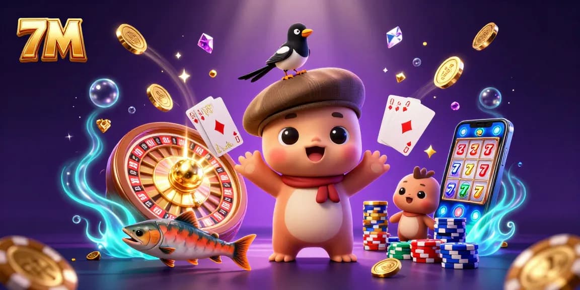 Engage with 7M live betting adventures featuring animated characters and vibrant casino elements.