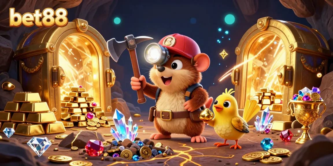 Experience thrilling gameplay with bet88 as a 3D cartoon treasure hunter and canary uncover riches in a vibrant casino scene.