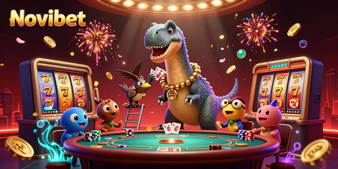 Win big with Novibet at a vibrant casino scene featuring playful dinosaur characters and dynamic game elements.