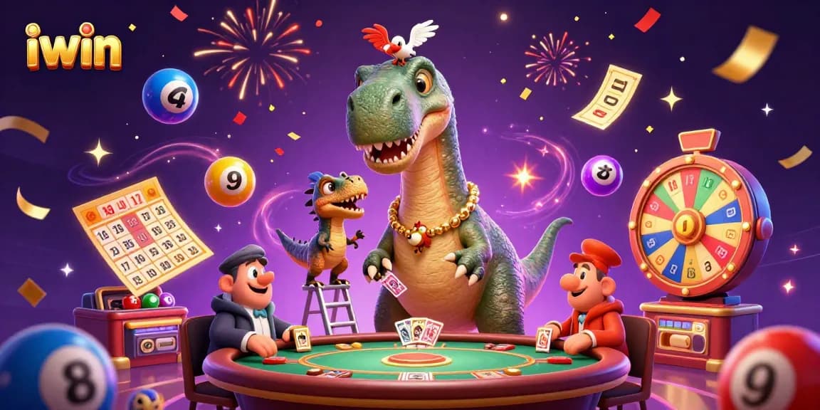Join the iwin casino excitement with a playful dinosaur scene filled with vibrant gaming elements.
