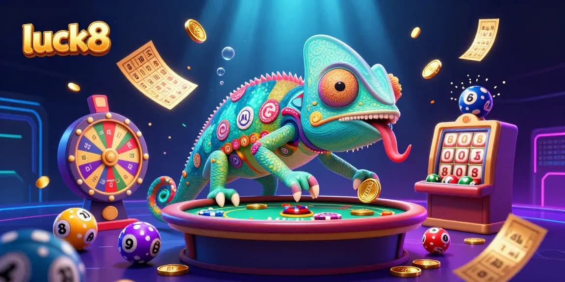 Experience thrilling gaming at luck8 with a vibrant chameleon casino owner and exciting game elements.