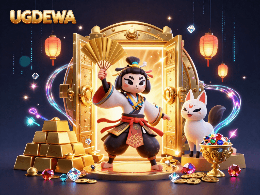 Engage in vibrant gameplay with the captivating UGDEWA featuring a kabuki warrior and magical elements.