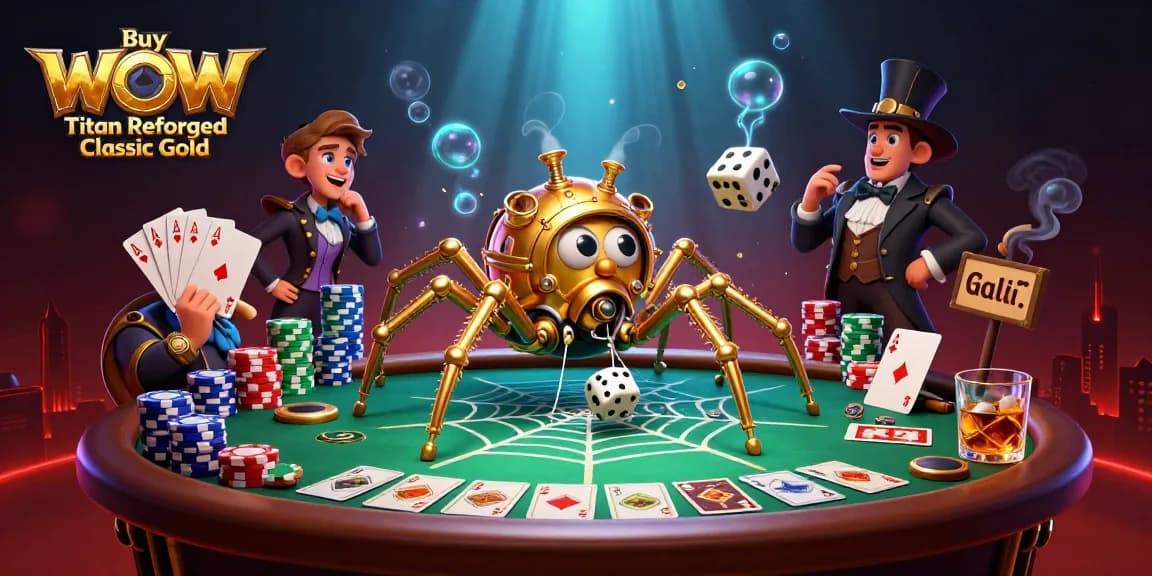 Buy WoW Titan Reforged Classic Gold in a vibrant, dynamic gambling scene filled with poker elements