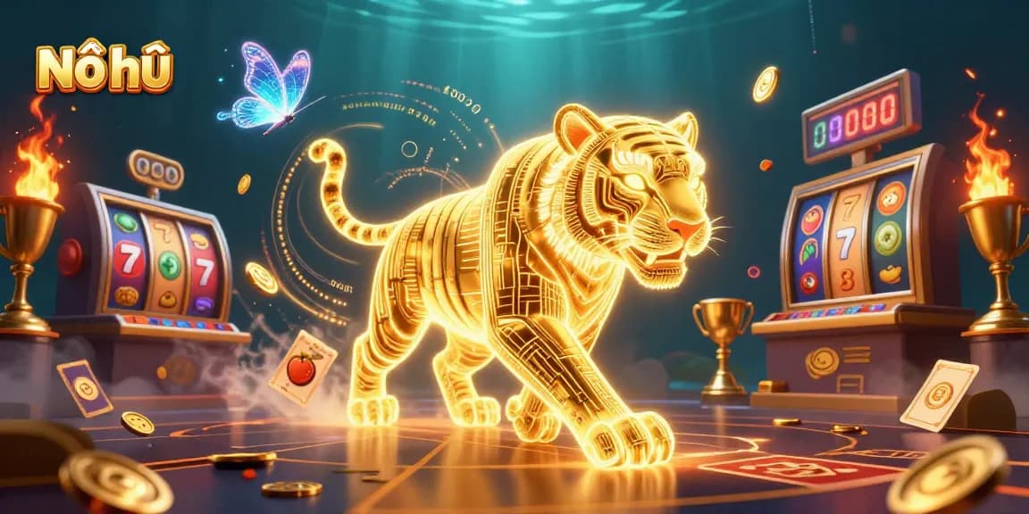 Nổ hũ game jackpot feature shows a dynamic scene of a glowing tiger in a casino landscape.