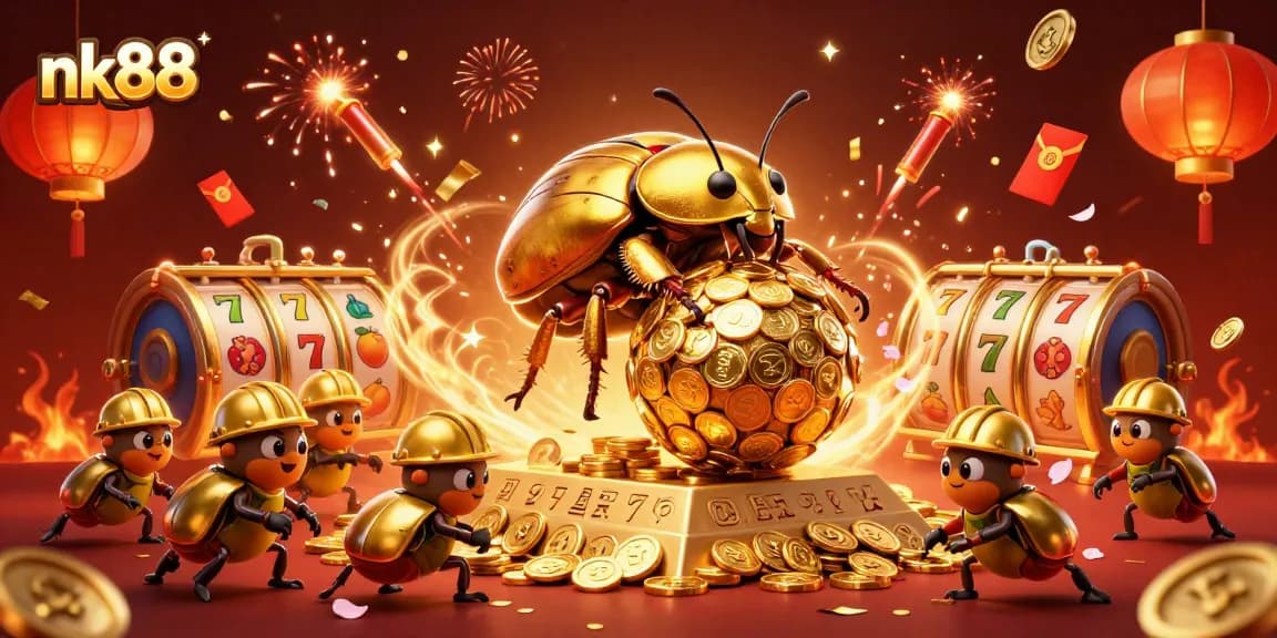 Experience thrilling gameplay at nk88 with golden beetles and rich casino elements in a vibrant celebration.