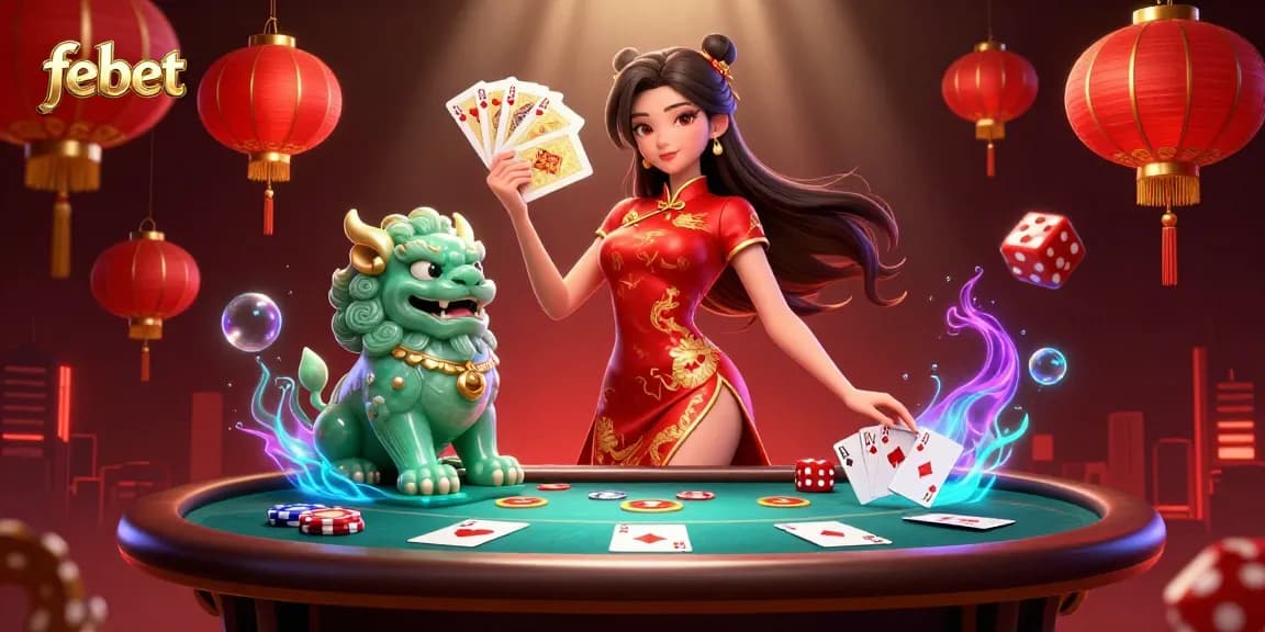 Play poker and discover febet's vibrant gaming atmosphere with detailed 3D characters and casino elements.