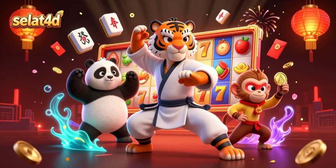 Engage with selat4d through a vibrant 3D casino scene featuring playful characters and dynamic slot elements.