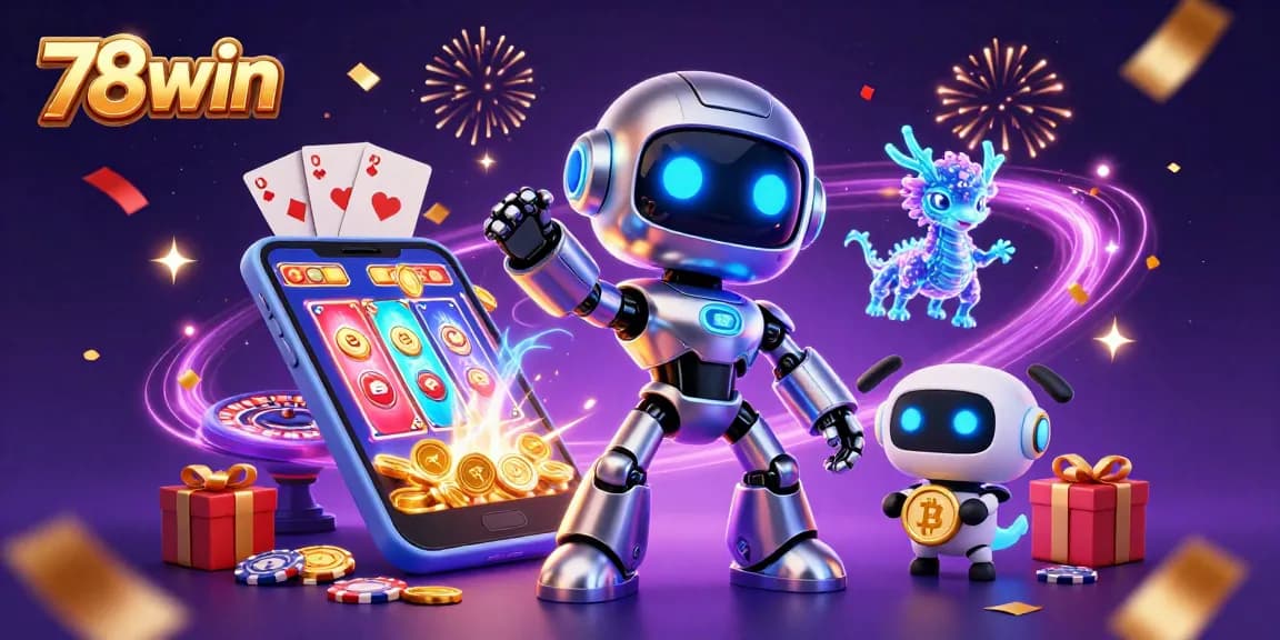 Engage with 78win's vibrant casino universe featuring a cyberpunk robot and holographic elements.