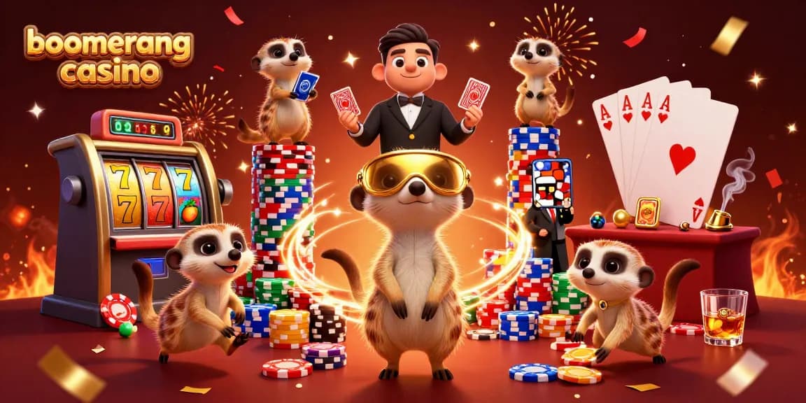 Boomerang casino ponuja notranjost z igralnimi avtomati in meerkati, ki igrajo.