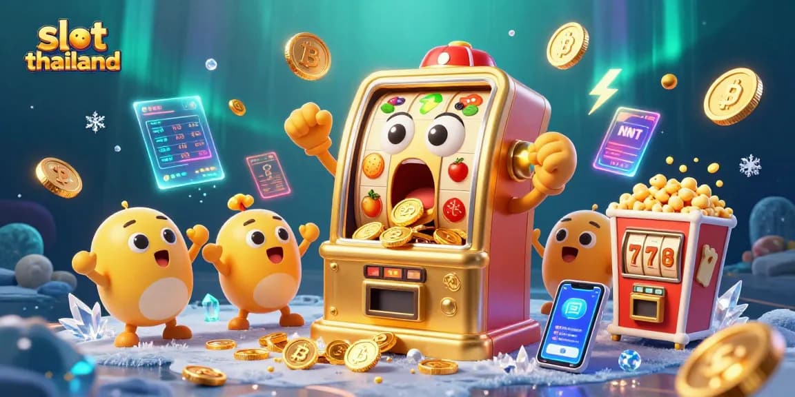 Menyaksikan slot Thailand memunculkan koin jackpot yang melimpah dari mesin slot berwarna emas.