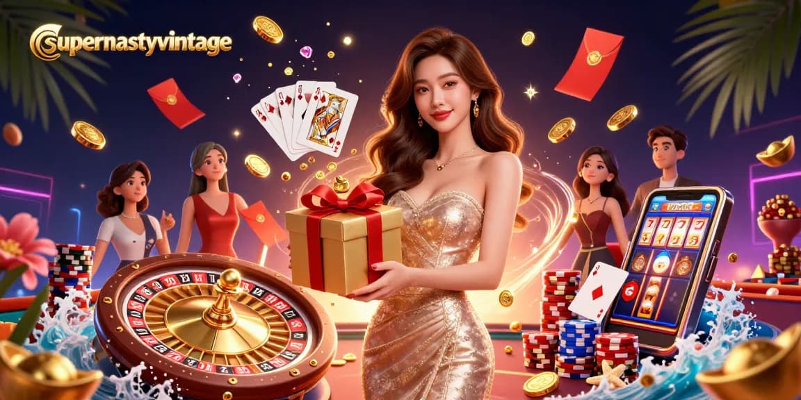 Spin to win with supernastyvintage in a vibrant casino scene featuring a glamorous model and festive elements.