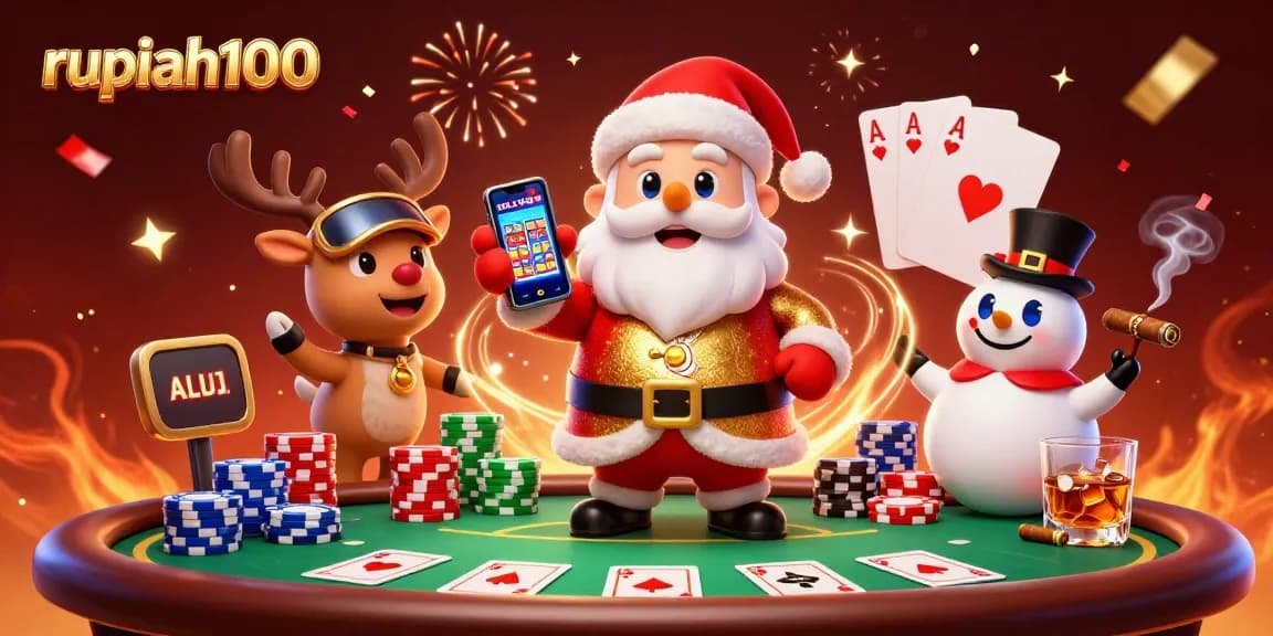 Experience thrilling jackpots with rupiah100 in a festive casino scene featuring Santa, his reindeer, and a poker chip snowman.