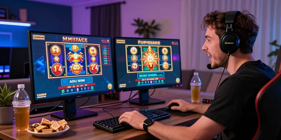 Excited player enjoying gameplay at credit card casinos with colorful screens and gaming setup.