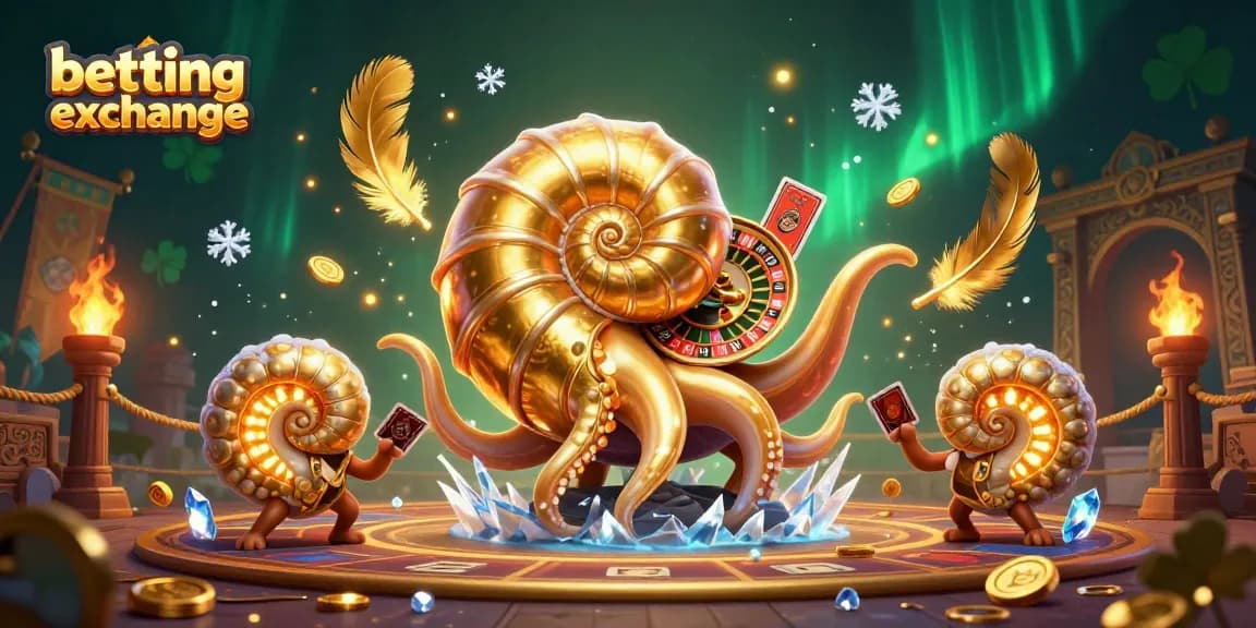 Betting exchange scene featuring a giant nautilus roulette wheel, cards in tentacles, and golden ammonite lights.