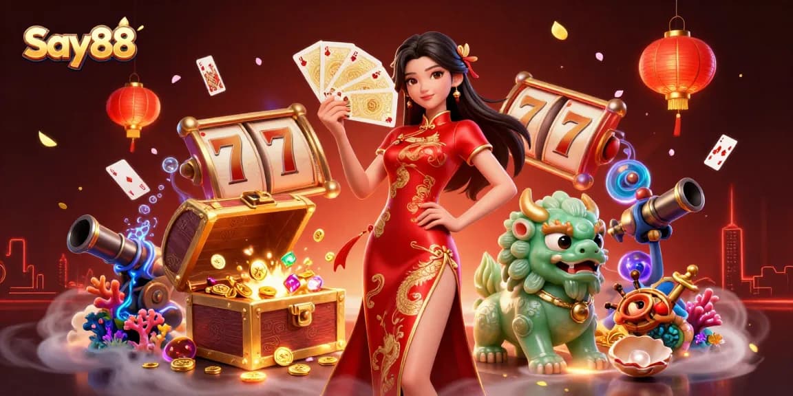 Experience Say88's vibrant casino culture with illustrated characters and rich gaming elements.