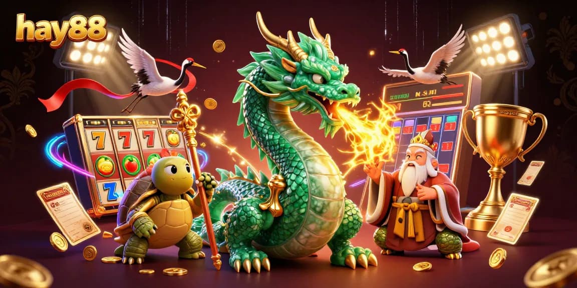 Experience thrilling gameplay at hay88 with a jade dragon amidst vibrant slot machine elements.