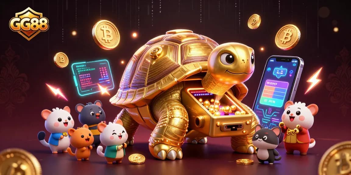 Gamblers engage with GG88's colossal tortoise-themed pinball casino game filled with crypto excitement.