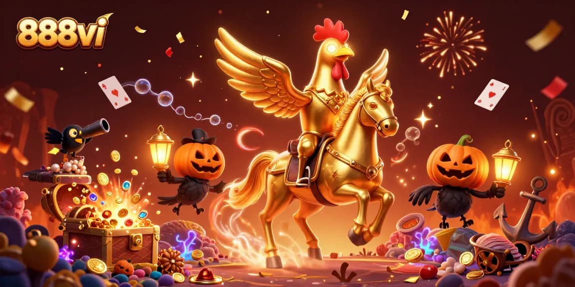Experience thrilling gameplay in 888vi as golden rooster characters explore a vibrant casino.