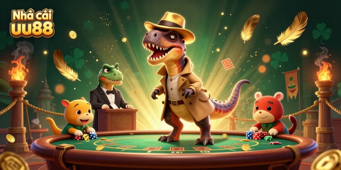 Experience thrilling games at Nhà cái uu88 with a cartoon velociraptor counter and stegosaurus pit boss in a vibrant casino setting.