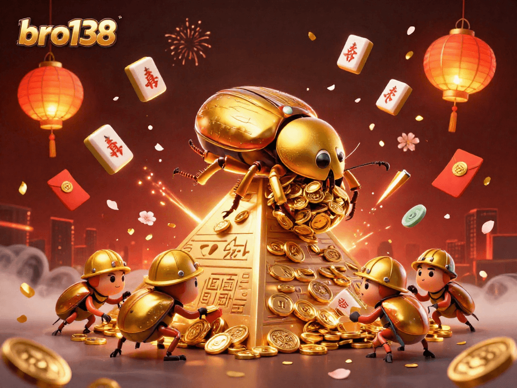 Bro138 showcases a golden dung beetle rolling coins in a vibrant, festive casino scene.