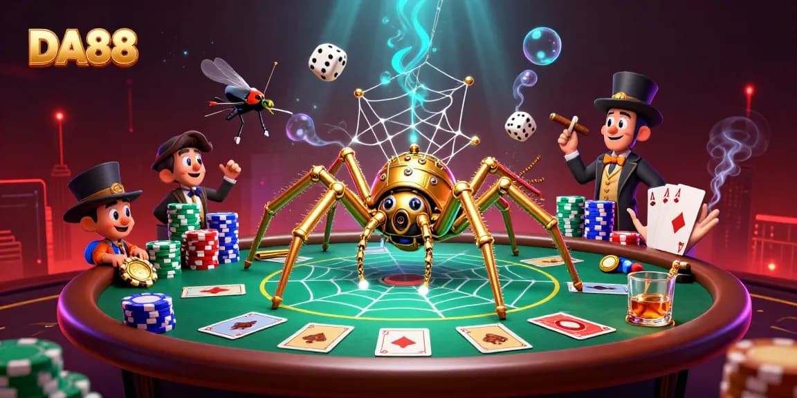 DA88 casino scene featuring a golden spider catching dice, vibrant poker elements