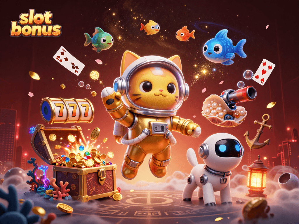 Spin the slot bonus reels in a cosmic scene with vibrant treasures and playful characters.