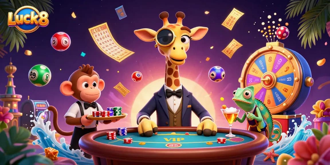 Luck8 brings excitement to gaming with a vibrant 3D illustration of a giraffe at a poker table.