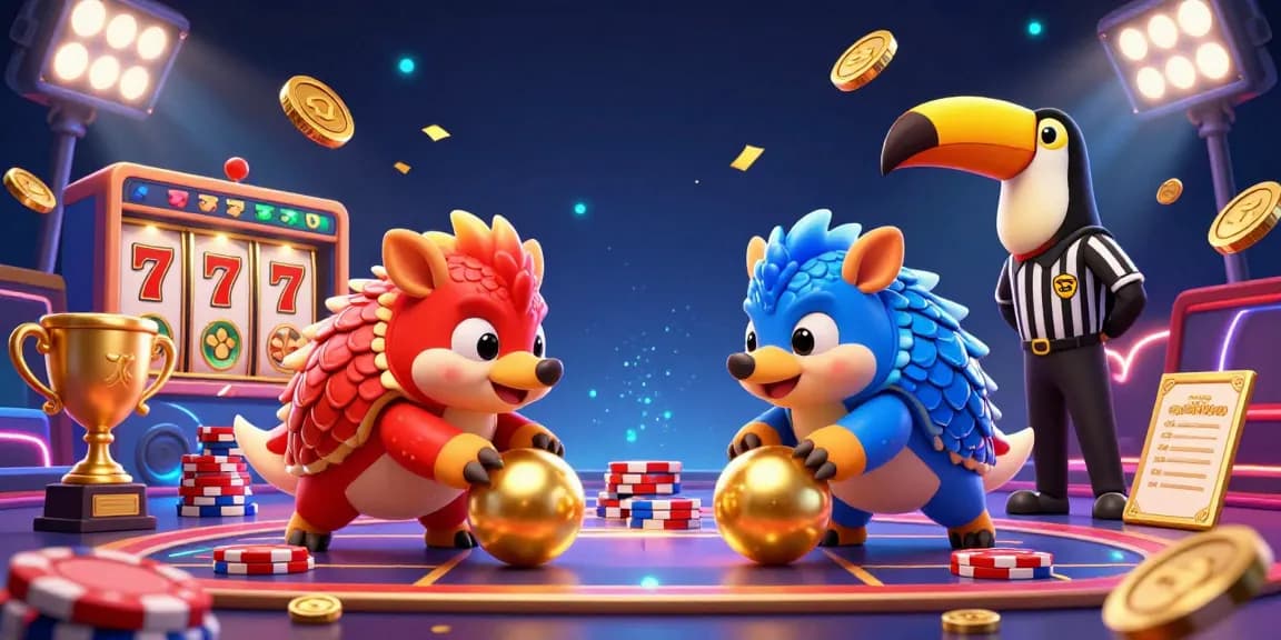 Experience the thrill of winning at Caswino888 with dynamic pangolins bowling through poker chips amidst exciting slot elements.